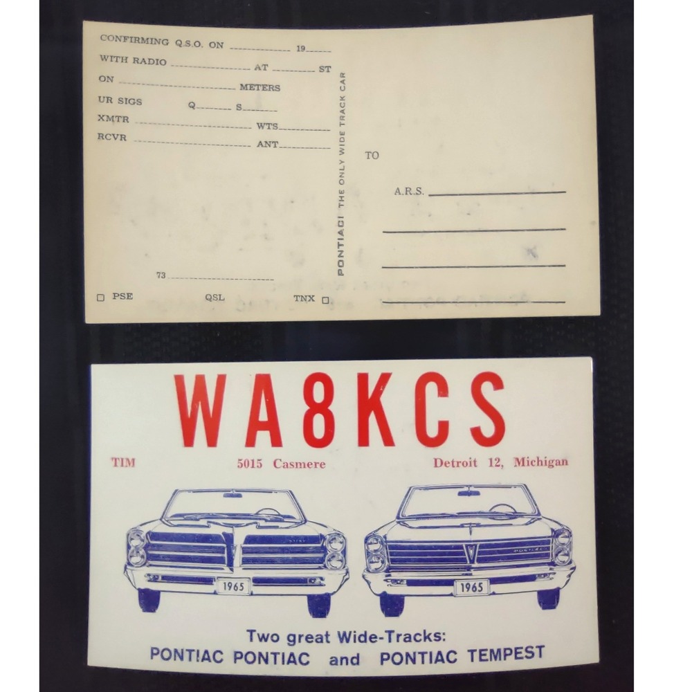 Vtg 1965 Pontiac Wide Track‎ Tempest QSL Ham Radio Card WA8KCS Detroit MI Unused